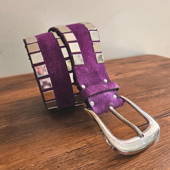 Styled Elegant Accessories - Vtg 70s Disco Purple Suede Silver Studded Wide Belt Womens M/L *FLAWED*